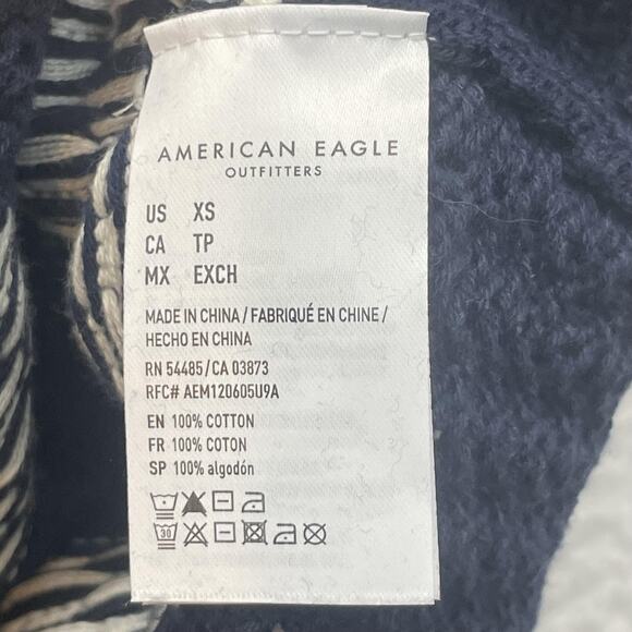 American Eagle Polo Shirt Mens XS Navy Blue Cotton Crochet Striped Checkered New - Picture 6 of 10
